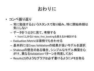 
? 귵
C ㏊Ȥ󥹤ȡMߡؤ_ʼrڤ
ݤˤʤ
C ǩ`Ĥ֤Ҋơ줹
? Trainˤʤdate_first_bookingʹ뤫ӑ
C Evaluation Metric浹ǤϤ碌
C ĤˤCross ValidationνYǥxk
C ShakeupΑΤϡץʥǥ똋B
ʤValidationѥ`⤷Ƥ
C Results(2)Τ褦ʥդϱؤ褦˥ȡ
 