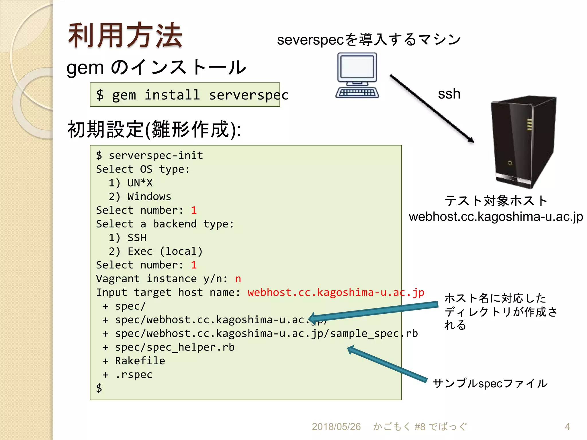 利用方法
2018/05/26 かごもく #8 でばっぐ 4
gem のインストール
$ gem install serverspec
初期設定(雛形作成):
$ serverspec-init
Select OS type:
1) UN*X
2) Windows
Select number: 1
Select a backend type:
1) SSH
2) Exec (local)
Select number: 1
Vagrant instance y/n: n
Input target host name: webhost.cc.kagoshima-u.ac.jp
+ spec/
+ spec/webhost.cc.kagoshima-u.ac.jp/
+ spec/webhost.cc.kagoshima-u.ac.jp/sample_spec.rb
+ spec/spec_helper.rb
+ Rakefile
+ .rspec
$
severspecを導入するマシン
テスト対象ホスト
webhost.cc.kagoshima-u.ac.jp
ssh
ホスト名に対応した
ディレクトリが作成さ
れる
サンプルspecファイル
 