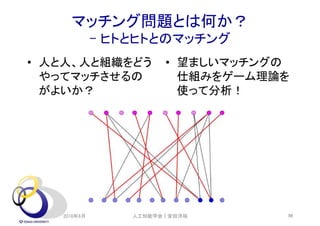 マッチング問題とは何か？
- ヒトとヒトとのマッチング
• 人と人、人と組織をどう
やってマッチさせるの
がよいか？
• 望ましいマッチングの
仕組みをゲーム理論を
使って分析！
2018年6月 10人工知能学会｜安田洋祐
 