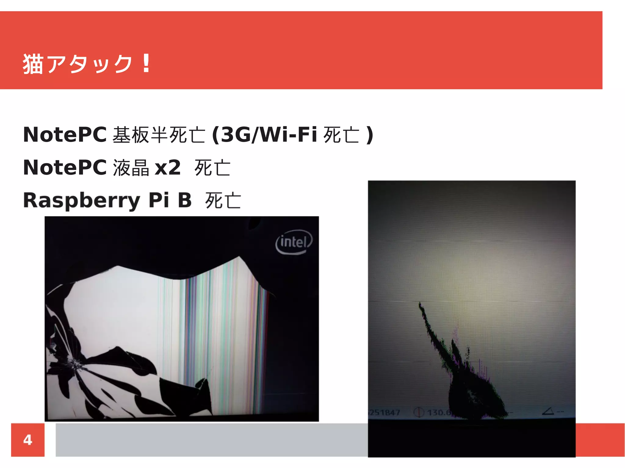 猫アタック !
NotePC 基板半死亡 (3G/Wi-Fi 死亡 )
NotePC 液晶 x2 死亡
 