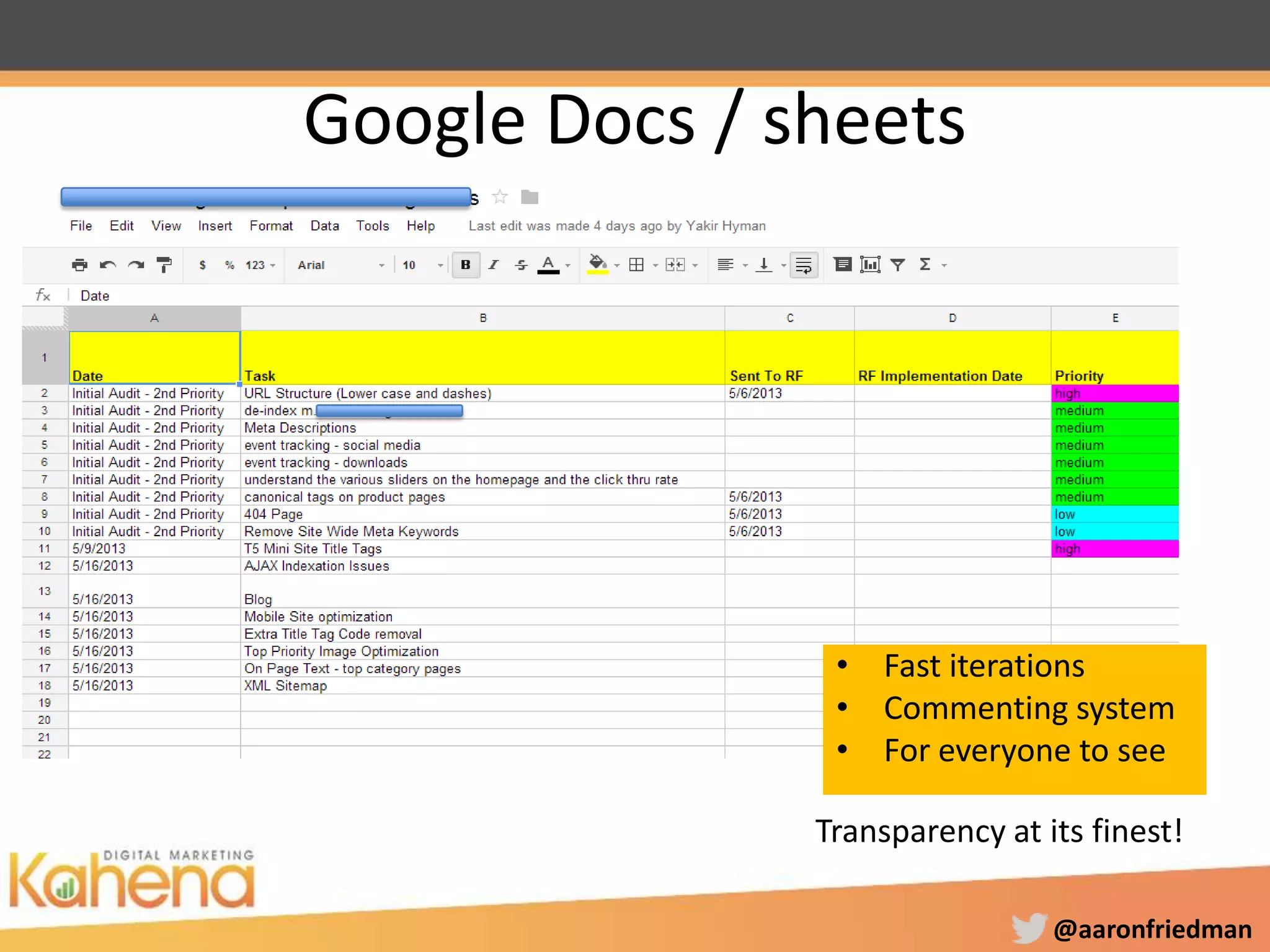 @aaronfriedman
Google Docs / sheets
• Fast iterations
• Commenting system
• For everyone to see
Transparency at its finest!
 