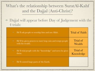 What’s the relationship between SuratAl-Kahf
         and the Dajjal (Anti-Christ)?

 Dajjal will appear before Day of Jud...