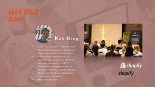 K a h H i n g
CEO | Co-founder | Meekco.Asia
Series Entrepreneurs / Engineer /
Digital Automation Consultant
> 5 startups experience, co-
founded nd sold a USD10mil/yr
turnover company in 2017.
Online selling experiences in
Rakuten, Shopify, Lazada, Shopee
Shopify & Facebook Marketer/
Developer / Speaker
Marathon Runner
 