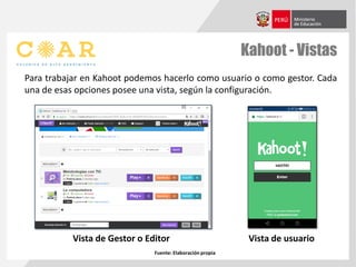 Kahoot - Vistas
Para trabajar en Kahoot podemos hacerlo como usuario o como gestor. Cada
una de esas opciones posee una vista, según la configuración.
Fuente: Elaboración propia
Vista de Gestor o Editor Vista de usuario
 