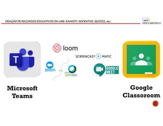 CRIAÇÃO DE RECURSOS EDUCATIVOS ON-LINE: KAHOOT!, SOCRATIVE, QUIZIZZ, etc.
Google
Classoroom
Microsoft
Teams
 