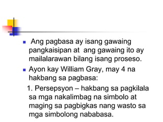   Ang pagbasa ay isang gawaing
  pangkaisipan at ang gawaing ito ay
  mailalarawan bilang isang proseso.
 Ayon kay Willi...