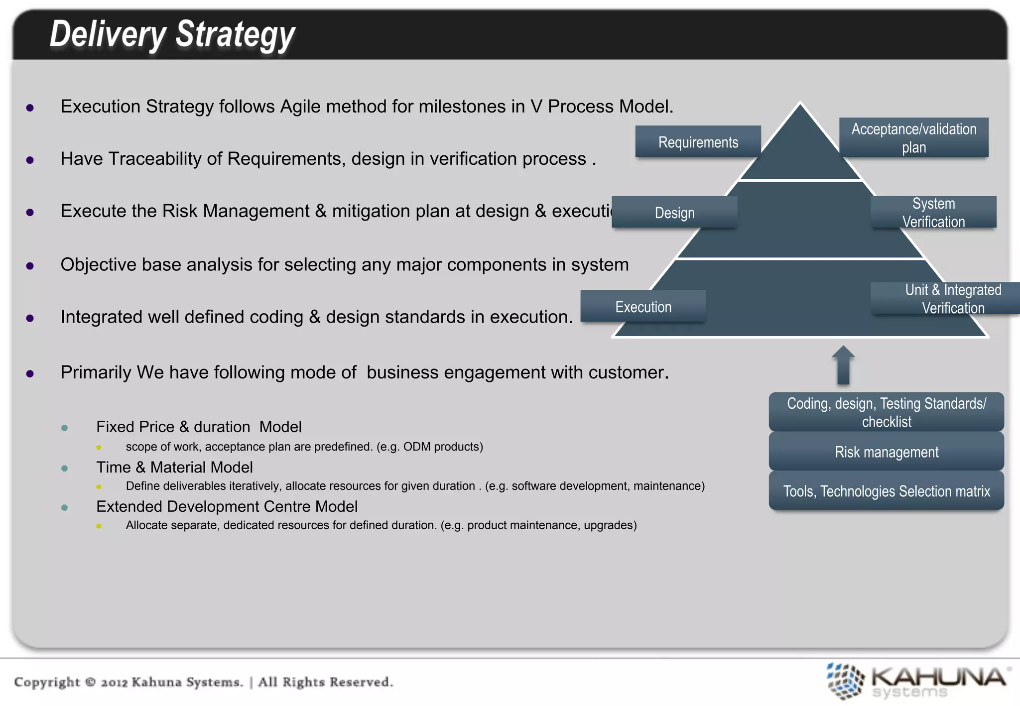 l     Execution Strategy follows Agile method for milestones in V Process Model.
                                                                                                                                                    Acceptance/validation
                                                                                                                          Requirements                      plan
l     Have Traceability of Requirements, design in verification process .

                                                                                                                                                              System
l     Execute the Risk Management & mitigation plan at design & execution stage.
                                                                              Design
                                                                                                                                                             Verification

l     Objective base analysis for selecting any major components in system
                                                                                                                                                              Unit & Integrated
                                                                                                                  Execution                                     Verification
l     Integrated well defined coding & design standards in execution.


l     Primarily We have following mode of business engagement with customer.
                                                                                                                                         Coding, design, Testing Standards/
       l    Fixed Price & duration Model                                                                                                            checklist
                   scope of work, acceptance plan are predefined. (e.g. ODM products)
             l 
                                                                                                                                                 Risk management
       l    Time & Material Model
                   Define deliverables iteratively, allocate resources for given duration . (e.g. software development, maintenance)
             l 
                                                                                                                                         Tools, Technologies Selection matrix
       l    Extended Development Centre Model
             l    Allocate separate, dedicated resources for defined duration. (e.g. product maintenance, upgrades)




	
  
 