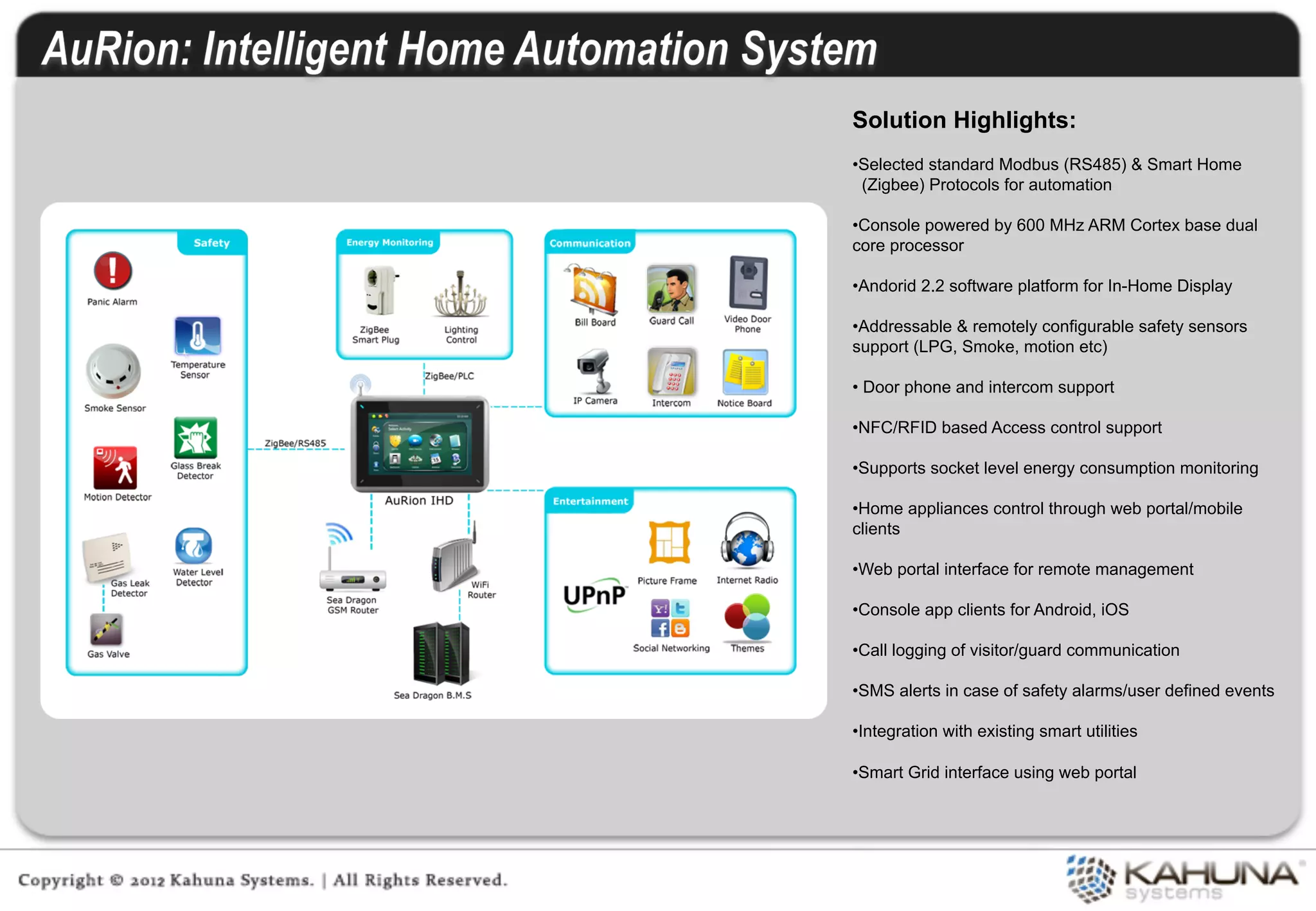Solution Highlights:
• Selected standard Modbus (RS485) & Smart Home
  (Zigbee) Protocols for automation

• Console powered by 600 MHz ARM Cortex base dual
core processor

• Andorid 2.2 software platform for In-Home Display

• Addressable & remotely configurable safety sensors
support (LPG, Smoke, motion etc)

•  Door phone and intercom support

• NFC/RFID based Access control support

• Supports socket level energy consumption monitoring

• Home appliances control through web portal/mobile
clients

• Web portal interface for remote management

• Console app clients for Android, iOS

• Call logging of visitor/guard communication

• SMS alerts in case of safety alarms/user defined events

• Integration with existing smart utilities

• Smart Grid interface using web portal
 