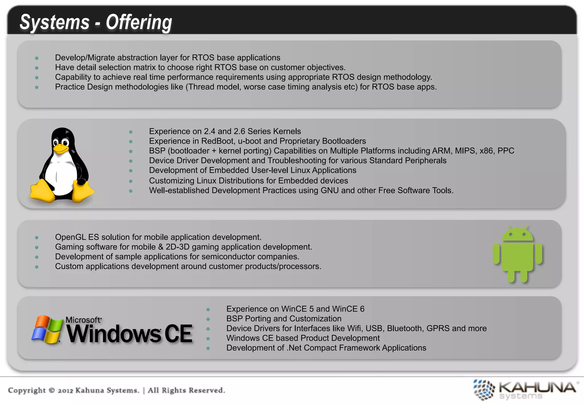 l    Develop/Migrate abstraction layer for RTOS base applications
l    Have detail selection matrix to choose right RTOS base on customer objectives.
l    Capability to achieve real time performance requirements using appropriate RTOS design methodology.
l    Practice Design methodologies like (Thread model, worse case timing analysis etc) for RTOS base apps.




                         l    Experience on 2.4 and 2.6 Series Kernels
                         l    Experience in RedBoot, u-boot and Proprietary Bootloaders
                         l    BSP (bootloader + kernel porting) Capabilities on Multiple Platforms including ARM, MIPS, x86, PPC
                         l    Device Driver Development and Troubleshooting for various Standard Peripherals
                         l    Development of Embedded User-level Linux Applications
                         l    Customizing Linux Distributions for Embedded devices
                         l    Well-established Development Practices using GNU and other Free Software Tools.




l    OpenGL ES solution for mobile application development.
l    Gaming software for mobile & 2D-3D gaming application development.
l    Development of sample applications for semiconductor companies.
l    Custom applications development around customer products/processors.




                                              l    Experience on WinCE 5 and WinCE 6
                                              l    BSP Porting and Customization
                                              l    Device Drivers for Interfaces like Wifi, USB, Bluetooth, GPRS and more
                                              l    Windows CE based Product Development
                                              l    Development of .Net Compact Framework Applications
 