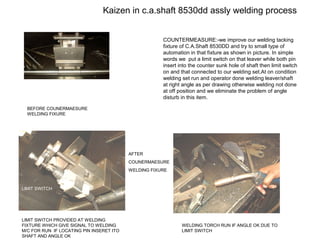 Kaizen in c.a.shaft 8530dd assly welding process
BEFORE COUNERMAESURE
WELDING FIXURE
LIMIT SWITCH PROVIDED AT WELDING
FIXTURE WHICH GIVE SIGNAL TO WELDING
M/C FOR RUN IF LOCATING PIN INSERET ITO
SHAFT AND ANGLE OK
WELDING TORCH RUN IF ANGLE OK DUE TO
LIMIT SWITCH
COUNTERMEASURE:-we improve our welding tacking
fixture of C.A.Shaft 8530DD and try to small type of
automation in that fixture as shown in picture. In simple
words we put a limit switch on that leaver while both pin
insert into the counter sunk hole of shaft then limit switch
on and that connected to our welding set.At on condition
welding set run and operator done welding leaver/shaft
at right angle as per drawing otherwise welding not done
at off position and we eliminate the problem of angle
disturb in this item.
AFTER
COUNERMAESURE
WELDING FIXURE
LIMIT SWITCH
 