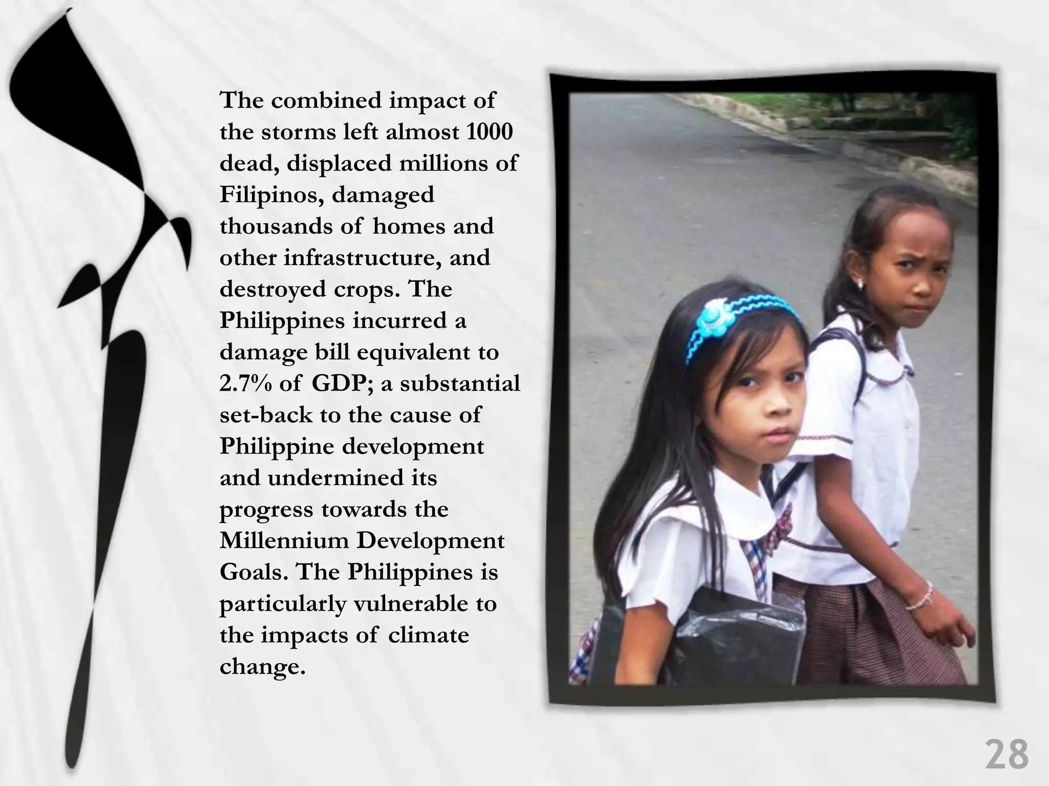 The combined impact of the storms left almost 1000 dead, displaced millions of Filipinos, damaged thousands of homes and other infrastructure, and destroyed crops. The Philippines incurred a damage bill equivalent to 2.7% of GDP; a substantial set-back to the cause of Philippine development and undermined its progress towards the Millennium Development Goals. The Philippines is particularly vulnerable to the impacts of climate change.28