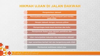 Kaidah Kaidah Dakwah
HIKMAH UJIAN DI JALAN DAKWAH
Mengokohkan dakwah
Menunjukkan kelompok yang menepati janji mereka
pada Allah
Mengisi dakwah dengan manusia pilihan
Mempertegas beda kaum beriman dan kufur
Memperkuat ikatan iman dengan pemikiran dan
perasaan
Ujian menunjukkan kekuatan dan kekokohan dakwah
Agar senantiasa berhati hati dan bergantung pada Allah
Membentuk keikhlasan dalam jiwa
 