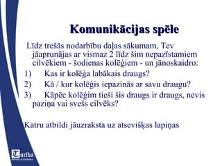 Komunikācijas spēle   Līdz trešās nodarbību daļas sākumam, Tev jāaprunājas ar vismaz 2 līdz šim nepazīstamiem cilvēkiem - šodienas kolēģiem - un jānoskaidro: 1)      Kas ir kolēģa labākais draugs? 2)      Kā / kur kolēģis iepazinās ar savu draugu? 3)      Kāpēc kolēģim tieši šis draugs ir draugs, nevis paziņa vai svešs cilvēks?   Katru atbildi jāuzraksta uz atsevišķas lapiņas 