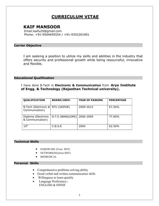 CURRICULUM VITAE

      KAIF MANSOOR
      Email:kaifu29@gmail.com
      Phone: +91-9504695554 / +91-9352261901


Carrier Objective


      I am seeking a position to utilize my skills and abilities in the industry that
      offers security and professional growth while being resourceful, innovative
      and flexible.



Educational Qualification

    I have done B.Tech in Electronic & Communication from Arya Institute
    of Engg. & Technology (Rajasthan Technical university).


      QUALIFICATION            BOARD/UNIV.          YEAR OF PASSING   PERCENTAGE

      B.Tech (Electronic & RTU (JAIPUR)             2009-2012         67.56%
      Communication)

      Diploma (Electronic      D.T.E (BANGLORE) 2006-2009             77.00%
      & Communication)

      10th                     C.B.S.E              2004              62.50%




Technical Skills

                 •     HARDWARE (From IIHT)
                 •     NETWORKING(from IIHT)
                 •     BIOMEDICAL

Personal Skills

             •       Comprehensive problems solving ability
             •       Good verbal and written communication skills
             •       Willingness to learn quickly
             •        Language Proficiency:-
                      ENGLISH & HINDI


                                                    1
 