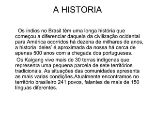 A HISTORIA
Os índios no Brasil têm uma longa história que
começou a diferenciar daquela da civilização ocidental
para América ocorridos há dezena de milhares de anos,
a historia ‘deles’ é aproximada da nossa há cerca de
apenas 500 anos com a chegada dos portugueses.
Os Kaigang vive mais de 30 terras indígenas que
representa uma pequena parcela de sete territórios
tradicionais. As situações das comunidades apresenta
as mais varias condições.Atualmente encontramos no
território brasileiro 241 povos, falantes de mais de 150
línguas diferentes.
 