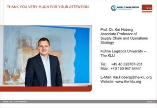 SLIDE 11PROF. DR. KAI HOBERG
THANK YOU VERY MUCH FOR YOUR ATTENTION
Prof. Dr. Kai Hoberg
Associate Professor of
Supply Chain and Operations
Strategy
Kühne Logistics University –
The KLU
Tel.: +49 40 328707-201
Mob.: +49 160 947 64441
E-Mail: Kai.Hoberg@the-klu.org
Website: www.the-klu.org
 