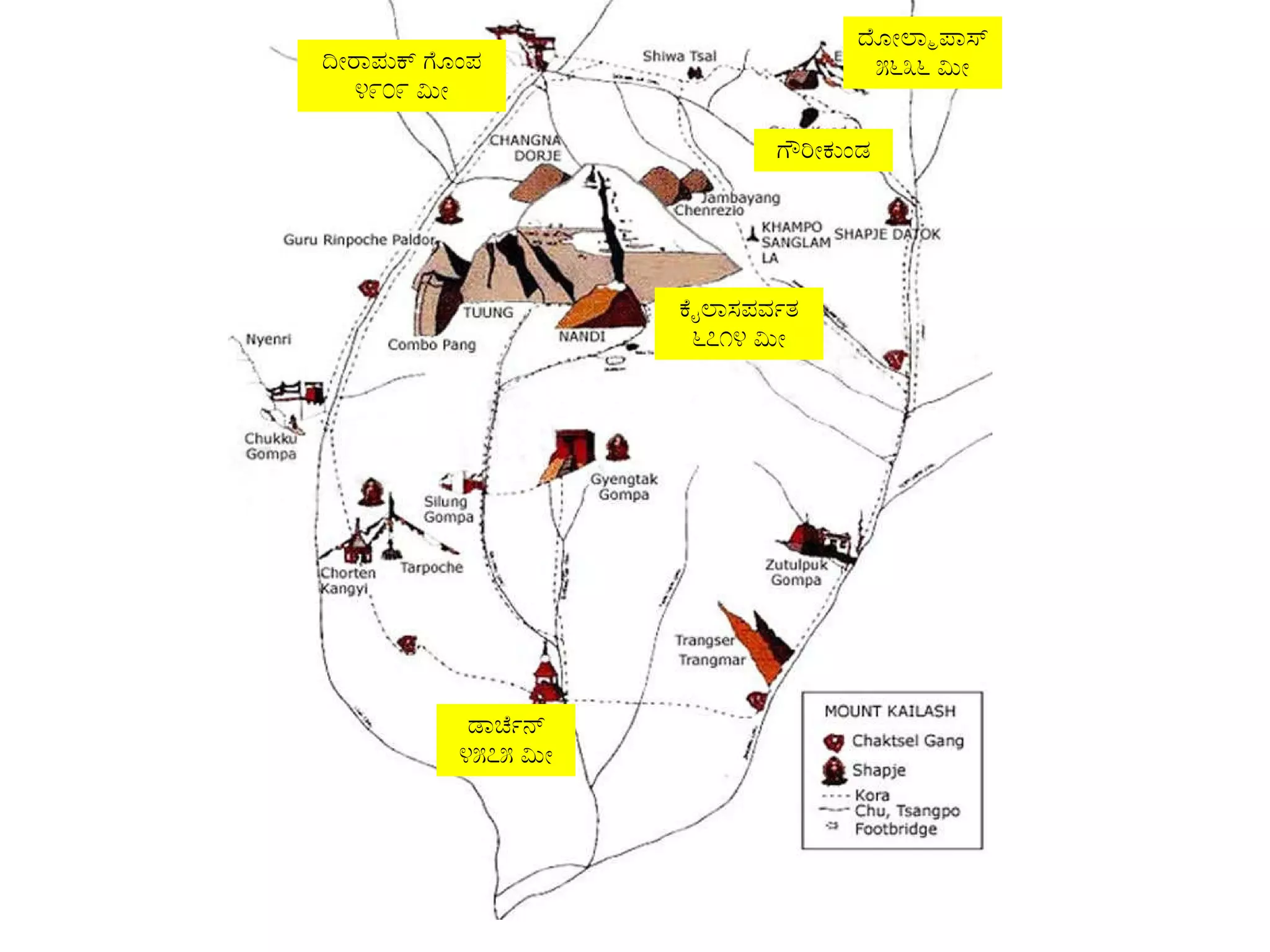 ಡಾರ್ಚೆನ್ ೪೫೭೫ ಮೀ ಕೈಲಾಸಪರ್ವತ ೬೭೧೪ ಮೀ ಗೌರೀಕುಂಡ ದೋಲ್ಮಾಪಾಸ್ ೫೬೩೬ ಮೀ ದೀರಾಪುಕ್ ಗೊಂಪ ೪೯೦೯ ಮೀ 