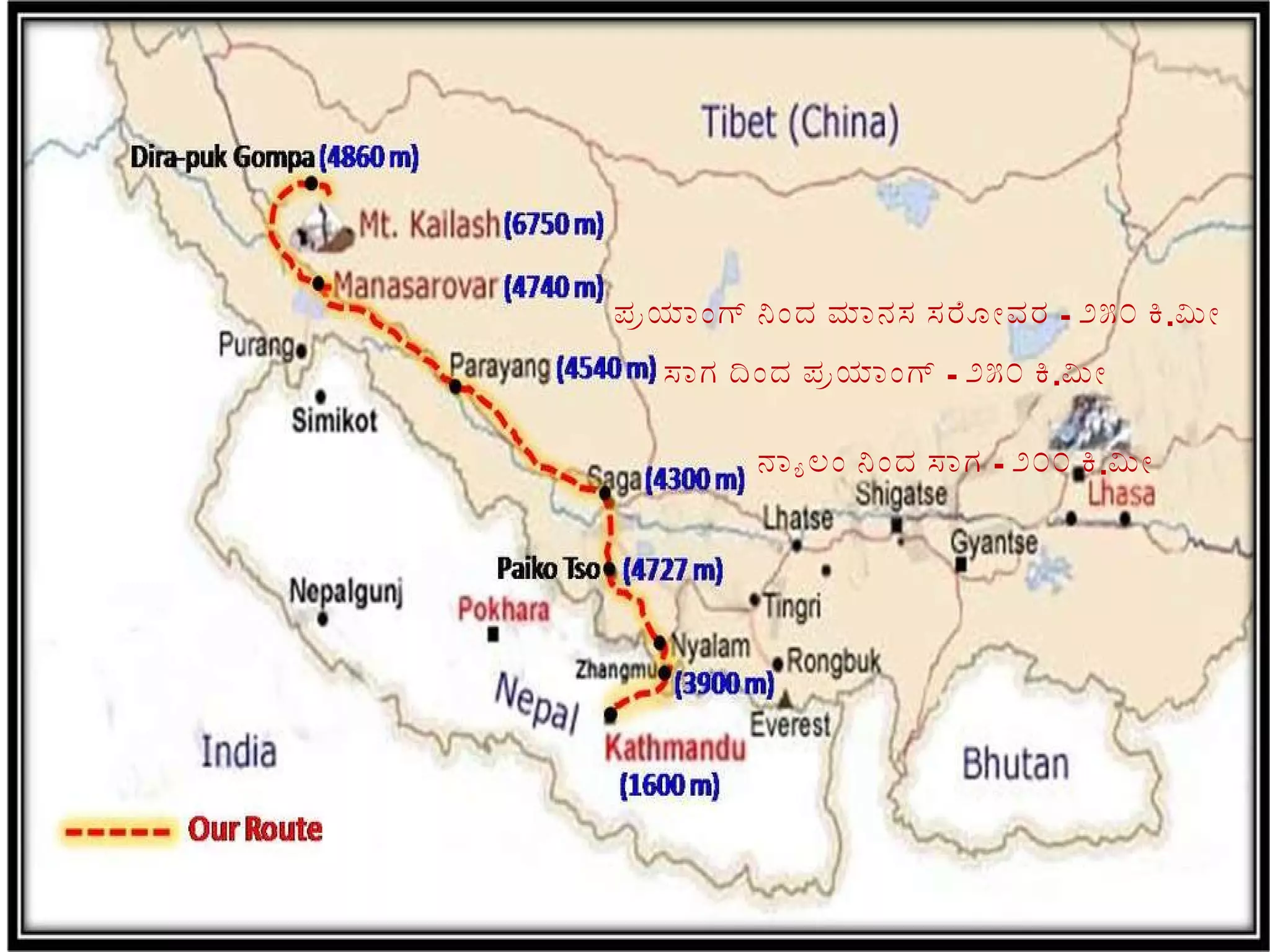ನ್ಯಾಲಂ   ನಿಂದ ಸಾಗ  -  ೨೦೦ ಕಿ . ಮೀ ಸಾಗ ದಿಂದ ಪ್ರಯಾಂಗ್  -  ೨೫೦ ಕಿ . ಮೀ ಪ್ರಯಾಂಗ್ ನಿಂದ ಮಾನಸ ಸರೋವರ  -  ೨೫೦ ಕಿ . ಮೀ 