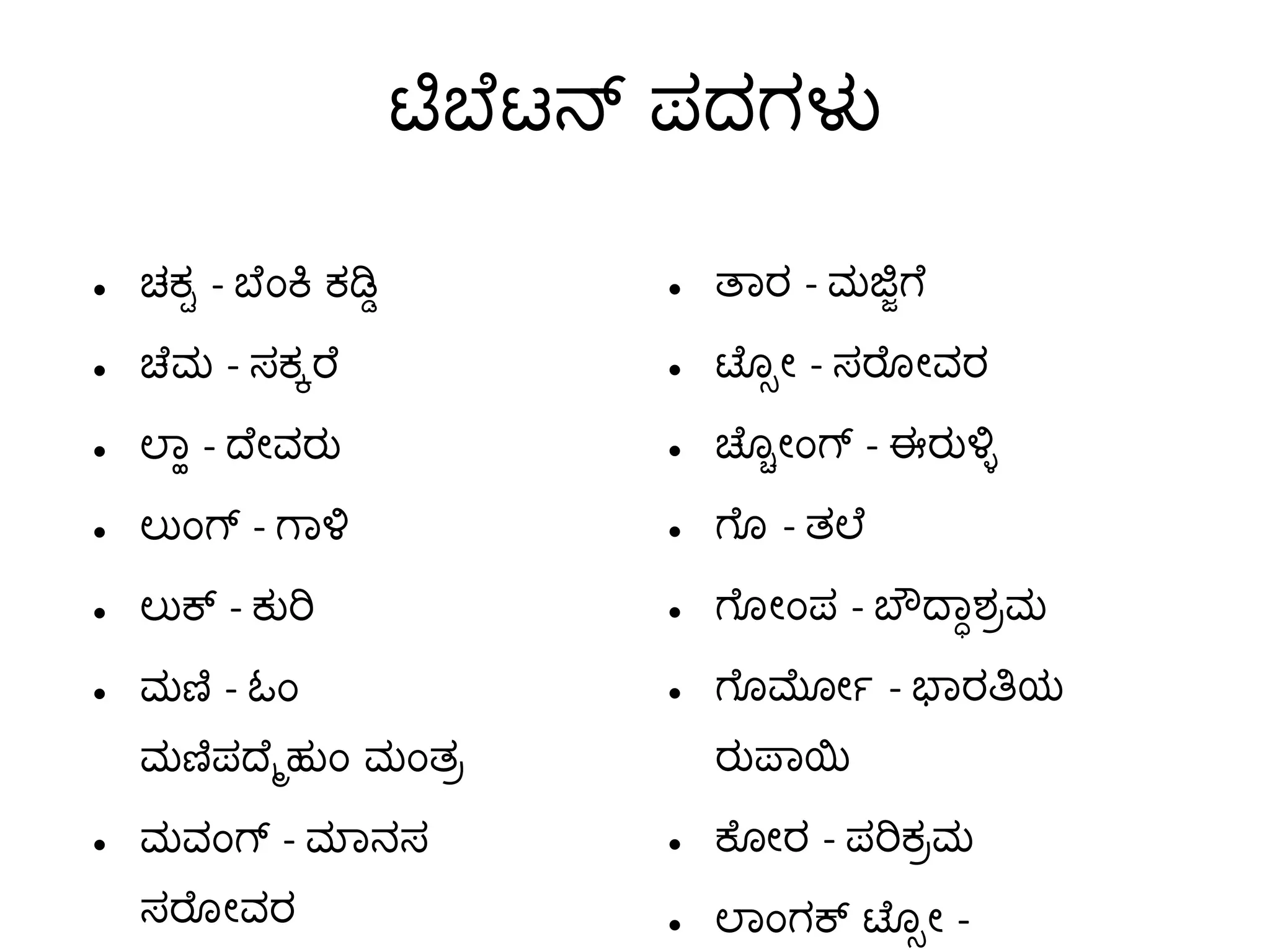 ಟಿಬೆಟನ್ ಪದಗಳು ಚಕ್ಟ  -  ಬೆಂಕಿ ಕಡ್ಡಿ ಚೆಮ  -  ಸಕ್ಕರೆ ಲ್ಹಾ  -  ದೇವರು ಲುಂಗ್  -  ಗಾಳಿ ಲುಕ್  -  ಕುರಿ ಮಣಿ  -  ಓಂ ಮಣಿಪದ್ಮೆಹುಂ ಮಂತ್ರ ಮವಂಗ್  -  ಮಾನಸ ಸರೋವರ ತಾರ  -  ಮಜ್ಜಿಗೆ ತಾರ  -  ಮಜ್ಜಿಗೆ ಟ್ಸೋ  -  ಸರೋವರ ಚ್ಚೋಂಗ್  -  ಈರುಳ್ಳಿ ಗೊ  -  ತಲೆ ಗೋಂಪ  -  ಬೌದ್ಧಾಶ್ರಮ ಗೊರ್ಮೋ  -  ಭಾರತಿಯ ರುಪಾಯಿ ಕೋರ  -  ಪರಿಕ್ರಮ ಲಾಂಗಕ್ ಟ್ಸೋ  -  ರಾಕ್ಷಸ ಸರೋವರ 
