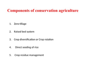 Components of conservation agriculture
1. Zero-tillage
2. Raised bed system
3. Crop diversification or Crop rotation
4. Direct seeding of rice
5. Crop residue management
 