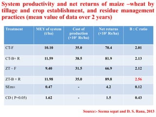 System productivity and net returns of maize –wheat by
tillage and crop establishment, and residue management
practices (mean value of data over 2 years)
Treatment MEY of system
(t/ha)
Cost of
production
(×103
Rs/ha)
Net returns
(×103
Rs/ha)
B : C ratio
CT-F 10.10 35.0 70.4 2.01
CT-B+ R 11.59 38.5 81.9 2.13
ZT – F 9.40 31.5 66.9 2.12
ZT-B + R 11.98 35.0 89.8 2.56
SEm± 0.47 - 4.2 0.12
CD ( P=0.05) 1.62 - 1.5 0.43
Source:- Seema sepat and D. S. Rana, 2013
 