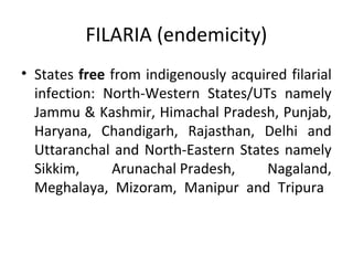 FILARIA (endemicity)
• States free from indigenously acquired filarial
infection: North-Western States/UTs namely
Jammu & Kashmir, Himachal Pradesh, Punjab,
Haryana, Chandigarh, Rajasthan, Delhi and
Uttaranchal and North-Eastern States namely
Sikkim, Arunachal Pradesh, Nagaland,
Meghalaya, Mizoram, Manipur and Tripura
 
