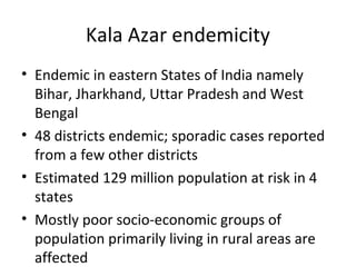 Kala Azar endemicity
• Endemic in eastern States of India namely
Bihar, Jharkhand, Uttar Pradesh and West
Bengal
• 48 districts endemic; sporadic cases reported
from a few other districts
• Estimated 129 million population at risk in 4
states
• Mostly poor socio-economic groups of
population primarily living in rural areas are
affected
 