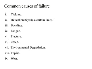 i. Yielding.
ii. Deflection beyond a certain limits.
iii. Buckling.
iv. Fatigue.
v. Fracture.
vi. Creep.
vii. Environmental Degradation.
viii. Impact.
ix. Wear.
 