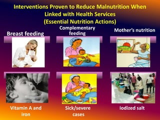 Interventions Proven to Reduce Malnutrition When
Linked with Health Services
(Essential Nutrition Actions)
Vitamin A and
iron
Iodized salt
Breast feeding
stfeeding
Mother’s nutritionComplementary
feeding
Sick/severe
cases
 