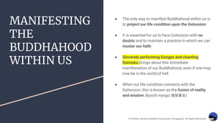MANIFESTING
THE
BUDDHAHOOD
WITHIN US
● The only way to manifest Buddhahood within us is
to project our life condition upon the Gohonzon
● It is essential for us to face Gohonzon with no
doubts and to maintain a practice in which we can
muster our faith
● Sincerely performing Gongyo and chanting
Daimoku brings about this immediate
manifestation of our Buddhahood, even if one may
now be in the world of hell
● When our life condition connects with the
Gohonzon, this is known as the fusion of reality
and wisdom (kyochi myogo 境智冥合)
© Nichiren Shoshu Buddhist Association (Singapore). All Rights Reserved.
 