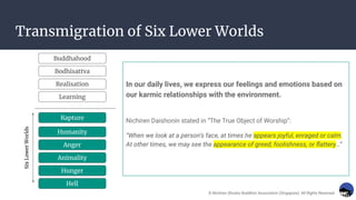 Transmigration of Six Lower Worlds
In our daily lives, we express our feelings and emotions based on
our karmic relationships with the environment.
Nichiren Daishonin stated in “The True Object of Worship”:
“When we look at a person’s face, at times he appears joyful, enraged or calm.
At other times, we may see the appearance of greed, foolishness, or ﬂattery…”
Hunger
Animality
Hell
Six
Lower
Worlds
Buddhahood
Bodhisattva
Realisation
Learning
Rapture
Humanity
Anger
Anger
Humanity
Rapture
Hell
Hunger
Animality
© Nichiren Shoshu Buddhist Association (Singapore). All Rights Reserved.
 
