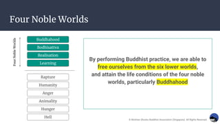 Four Noble Worlds
By performing Buddhist practice, we are able to
free ourselves from the six lower worlds,
and attain the life conditions of the four noble
worlds, particularly Buddhahood
Four
Noble
Worlds
Hunger
Animality
Hell
Buddhahood
Bodhisattva
Realisation
Learning
Rapture
Humanity
Anger
Learning
Realisation
Bodhisattva
Buddhahood
© Nichiren Shoshu Buddhist Association (Singapore). All Rights Reserved.
 