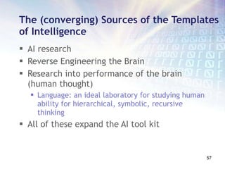 The (converging) Sources of the Templates of Intelligence AI research Reverse Engineering the Brain Research into performance of the brain (human thought) Language: an ideal laboratory for studying human ability for hierarchical, symbolic, recursive thinking All of these expand the AI tool kit 