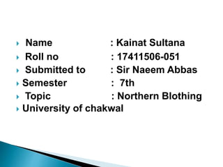  Name : Kainat Sultana
 Roll no : 17411506-051
 Submitted to : Sir Naeem Abbas
 Semester : 7th
 Topic : Northern Blothing
 University of chakwal
 