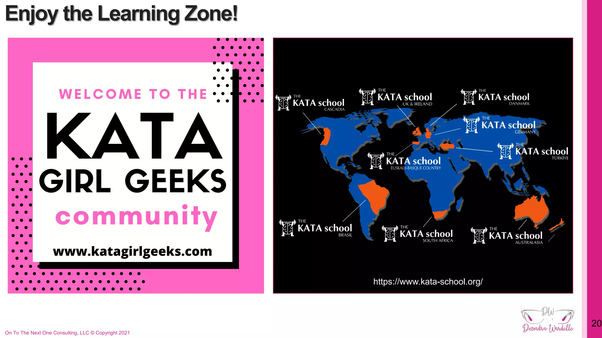 Enjoy the Learning Zone!
On To The Next One Consulting, LLC © Copyright 2021
20
https://www.kata-school.org/
 