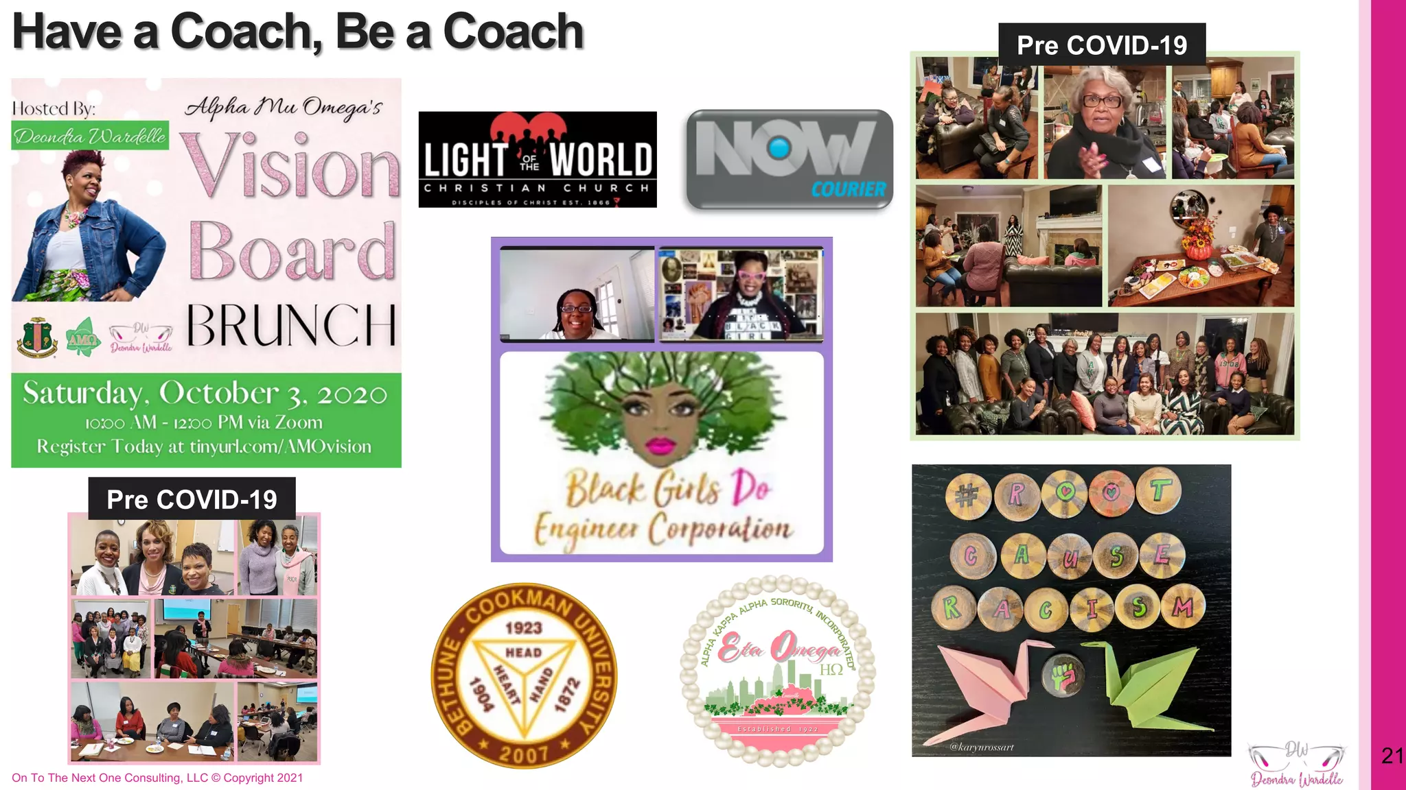 Have a Coach, Be a Coach
On To The Next One Consulting, LLC © Copyright 2021
21
Pre COVID-19
Pre COVID-19
 