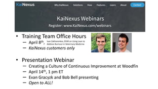Future Webinars
• Training Team Office Hours
– April 8th,
– KaiNexus customers only
• Presentation Webinar
– Creating a Culture of Continuous Improvement at Woodfin
– April 14th, 1 pm ET
– Evan Gracyzk and Bob Bell presenting
– Open to ALL!
Register: www.KaiNexus.com/webinars
Ivan Zakharenkov, DVM on Using Lean to
Address Burnout in Veterinary Medicine
 