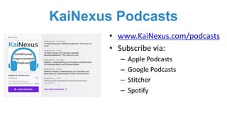 KaiNexus Podcasts
• www.KaiNexus.com/podcasts
• Subscribe via:
– Apple Podcasts
– Google Podcasts
– Stitcher
– Spotify
 