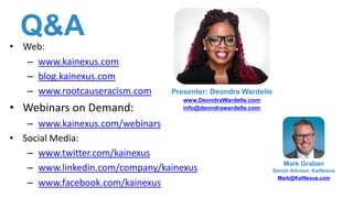 Q&A
• Web:
– www.kainexus.com
– blog.kainexus.com
– www.rootcauseracism.com
• Webinars on Demand:
– www.kainexus.com/webinars
• Social Media:
– www.twitter.com/kainexus
– www.linkedin.com/company/kainexus
– www.facebook.com/kainexus
Mark Graban
Senior Advisor, KaiNexus
Mark@KaiNexus.com
Presenter: Deondra Wardelle
www.DeondraWardelle.com
info@deondrawardelle.com
 
