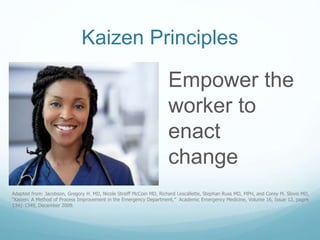 Kaizen Principles
Empower the
worker to
enact
change
Adapted from: Jacobson, Gregory H. MD, Nicole Streiff McCoin MD, Richard Lescallette, Stephan Russ MD, MPH, and Corey M. Slovis MD,
“Kaizen: A Method of Process Improvement in the Emergency Department,” Academic Emergency Medicine, Volume 16, Issue 12, pages
1341-1349, December 2009.
 