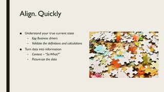 Align. Quickly
■ Understand your true current state
– Key Business drivers
– Validate the definitions and calculations
■ Turn data into information
– Context – “SoWhat?”
– Picture-ize the data
 
