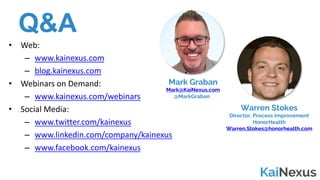 Q&A
• Web:
– www.kainexus.com
– blog.kainexus.com
• Webinars	on	Demand:
– www.kainexus.com/webinars
• Social	Media:
– www.twitter.com/kainexus
– www.linkedin.com/company/kainexus
– www.facebook.com/kainexus
Mark Graban
Mark@KaiNexus.com
@MarkGraban
Warren Stokes
Director, Process Improvement
HonorHealth
Warren.Stokes@honorhealth.com
 