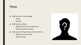 How
■ Effective use of Lean language
– Simple
– Practical
■ Defining the problem
– Identify critical data and information
– Prioritize quickly and simply
■ Executing with Rapid Cycles of Improvement
– Alignment to the priorities
– Scope-chunking
 
