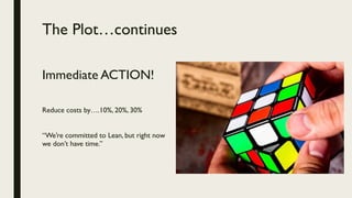 The Plot…continues
Immediate ACTION!
Reduce costs by….10%, 20%, 30%
“We’re committed to Lean, but right now
we don’t have time.”
 