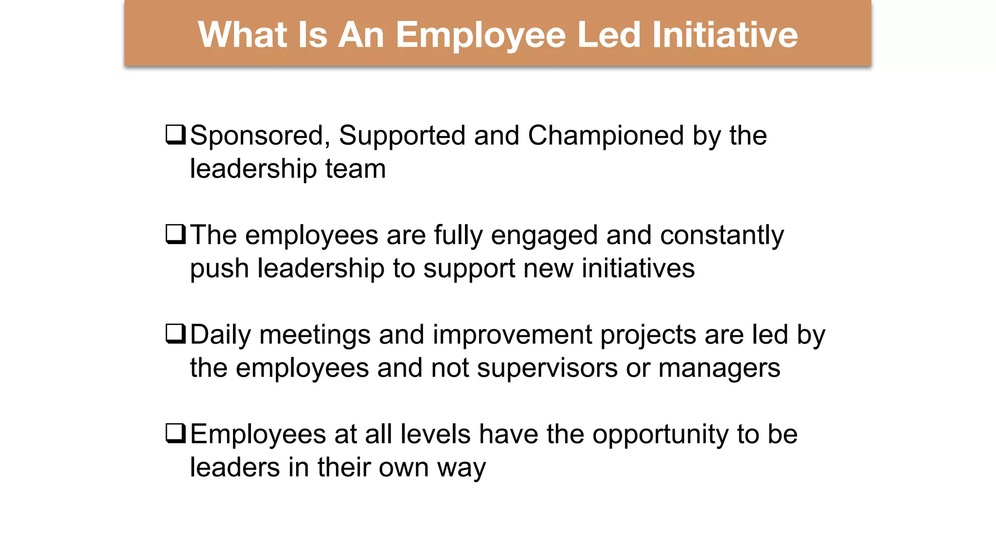 What Is An Employee Led Initiative
qSponsored, Supported and Championed by the
leadership team
qThe employees are fully engaged and constantly
push leadership to support new initiatives
qDaily meetings and improvement projects are led by
the employees and not supervisors or managers
qEmployees at all levels have the opportunity to be
leaders in their own way
 