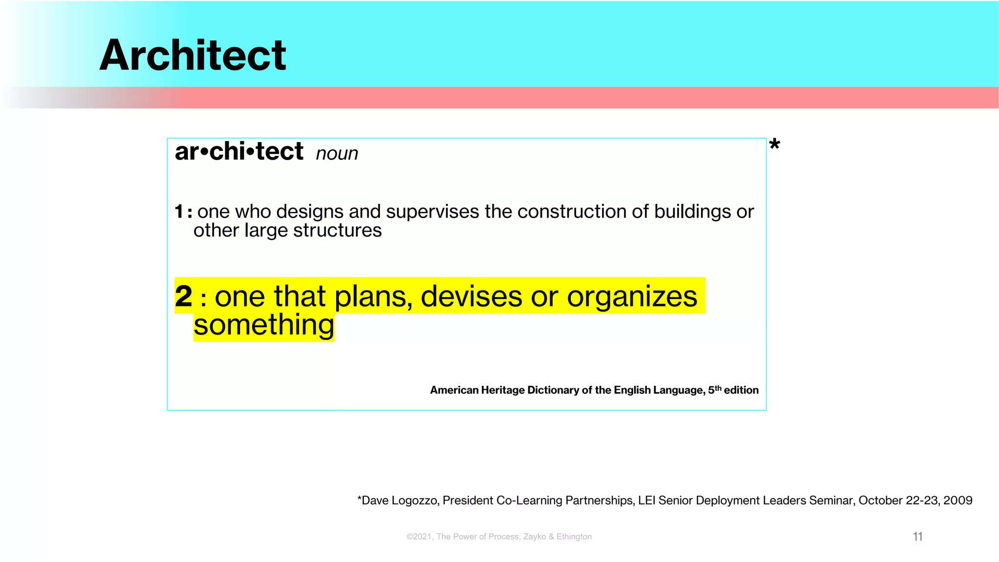 Architect
11
©2021, The Power of Process, Zayko & Ethington
*Dave Logozzo, President Co-Learning Partnerships, LEI Senior Deployment Leaders Seminar, October 22-23, 2009
ar•chi•tect noun
1 : one who designs and supervises the construction of buildings or
other large structures
2 : one that plans, devises or organizes
something
American Heritage Dictionary of the English Language, 5th edition
*
 