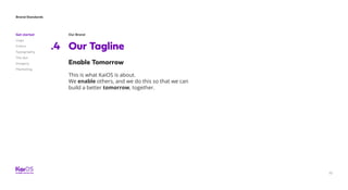 Brand Standards
Get started
Logo
Colors
Typography
The dot
Imagery
Marketing
10
Our Brand
Our Tagline.4
This is what KaiOS is about.
We enable others, and we do this so that we can
build a better tomorrow, together.
Enable Tomorrow
 