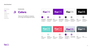 Brand Standards
Get started
Logo
Colors
Typography
The dot
Imagery
Marketing
16
Fundamentals
Colors.3
These are the different variations
of our logo and background colors.
Kai Purple (267C)
R:111 G:2 B:181
C: 75 M:100 Y:0 K:0
Hex #6f02b5
White
R:255 G:255 B:255
C:0 M:0 Y:0 K:0
Hex #ffffff
Black (6C)
R:50 G:50 B:50
C: 67 M:63 Y:62 K:59
Hex #323232
Kai Purple (267C)
R:111 G:2 B:181
C: 75 M:100 Y:0 K:0
Hex #6f02b5
White
R:255 G:255 B:255
C:0 M:0 Y:0 K:0
Hex #ffffff
White
R:255 G:255 B:255
C:0 M:0 Y:0 K:0
Hex #ffffff
White
R:255 G:255 B:255
C:0 M:0 Y:0 K:0
Hex #ffffff
White
R:255 G:255 B:255
C:0 M:0 Y:0 K:0
Hex #ffffff
Light purple (528C)
R:175 G:132 B:212
C:33 M:47 Y:0 K:0
Hex #af8ed8
Light green
R:188 G:236 B:228
C:24 M:0 Y:13 K:0
Hex #bcece4
Cool grey 7C
R:170 G:170 B:170
C:35 M:28 Y:28 K:0
Hex #aaaaaa
Kai Purple (528C)
At 50% of opacity
Light purple (528C)
R:175 G:132 B:212
C:33 M:47 Y:0 K:0
Hex #af8ed8
Light pink
R:244 G:175 B:185
C:1 M:38 Y:18 K:0
Hex #f4afb9
Cool grey 7C
R:170 G:170 B:170
C:35 M:28 Y:28 K:0
Hex #aaaaaa
White
At 50% of opacity
 