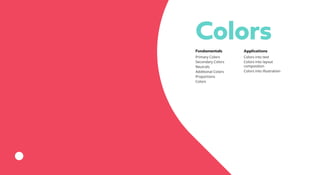ColorsFundamentals
Primary Colors
Secondary Colors
Neutrals
Additional Colors
Proportions
Colors
Applications
Colors into text
Colors into layout
composition
Colors into illustration
 