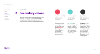 22
Brand Standards
Get started
Logo
Colors
Typography
The dot
Imagery
Marketing
Fundamentals
Secondary colors.2
Secondary colors bring joviality, freshness and
power to our layouts. Use them sparingly
throughout text, layout compositions, and
illustrations to maintain meaning and potency.
Electric Magenta (191C)
R:239 G:72 B:95
C:0 M:87 Y:53 K:0
Hex #ef485f
Green Aurora (319C)
R:98 G:211 B:202
C:55 M:0 Y:27 K:0
Hex #62d3ca
Black (6C)
R:50 G:50 B:50
C: 67 M:63 Y:62 K:59
Hex #323232
Fresher than red
or orange, more
serious than pink,
the Magenta of
Kai brings the
human aspect,
joy, passion,
determination,
and excitement.
Kai Green lies
between the green
light of a digital
screen—standing
for science and
tech—and blue,
the color of trust
and serenity.
Kai Black is less
intense than your
usual black. Mainly
used for copy, it’s
an important color
to bring clarity
and contrast; it
gives a punch to
illustrations and
other layouts.
 